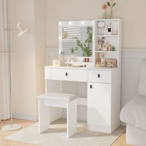 White Vanity Desk Set with Mirror, Drawers & Adjustable LED Lights