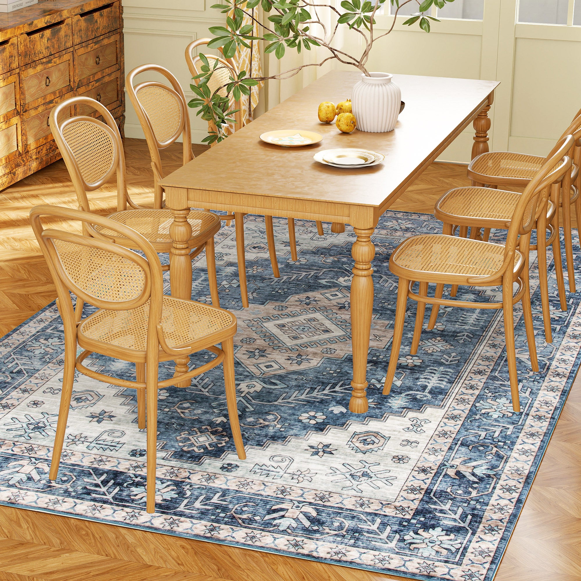Blue 4x6 Vintage Washable Non-Slip Area Rug for Living Room & Bedroom