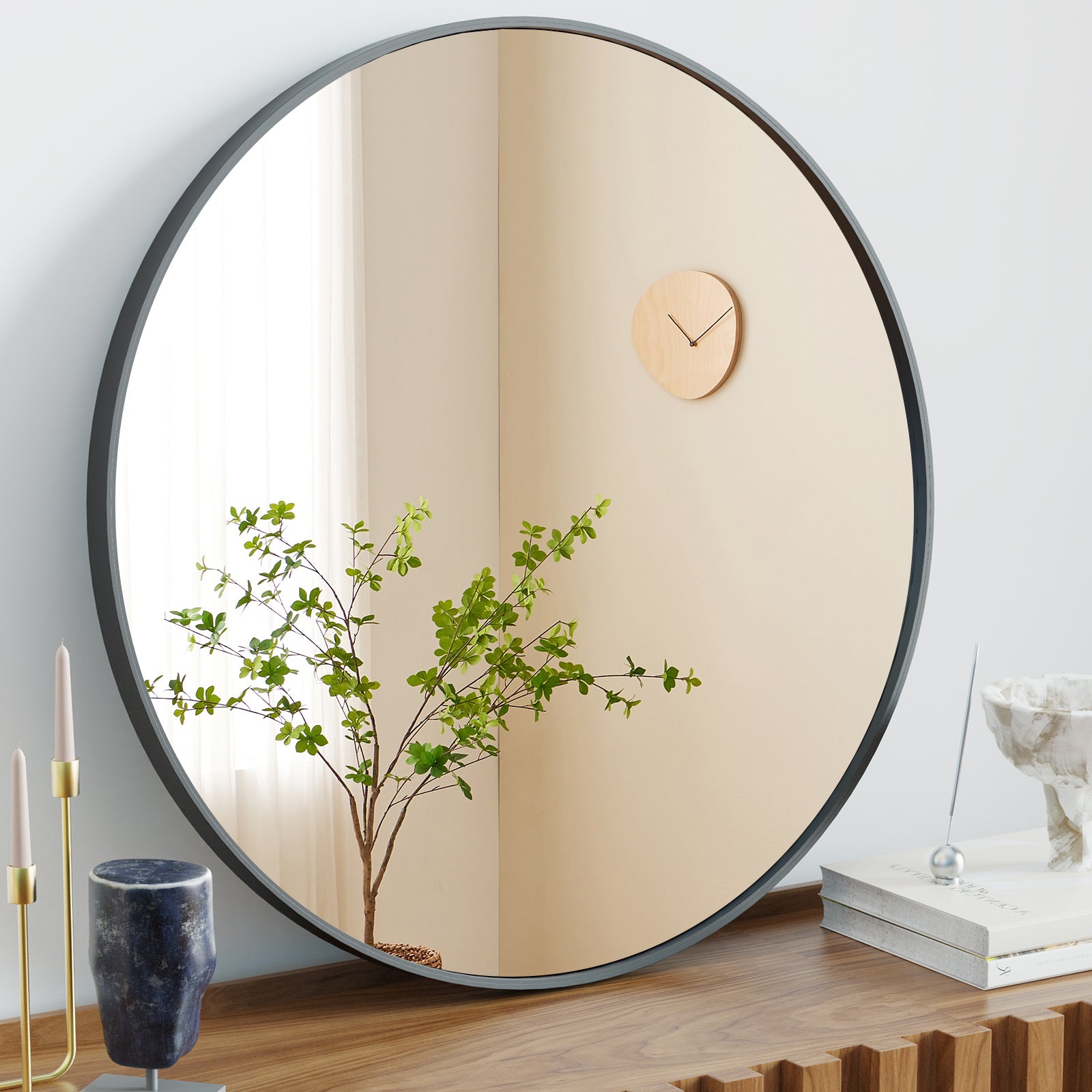 Modern Black Round Wall Mirror – Decorative Home Accent