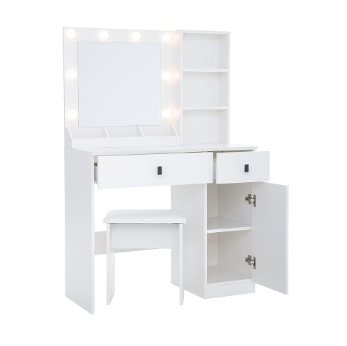 White Vanity Desk Set with Mirror, Drawers & Adjustable LED Lights