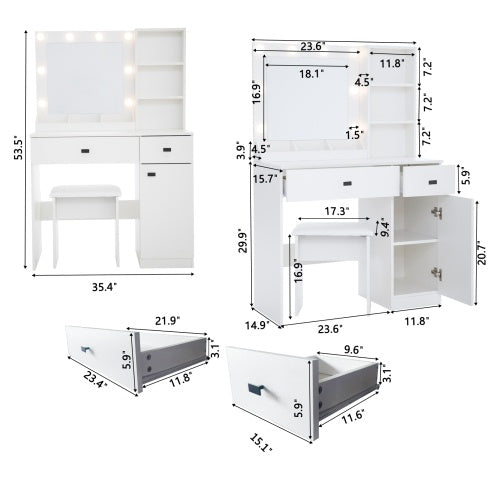 White Vanity Desk Set with Mirror, Drawers & Adjustable LED Lights