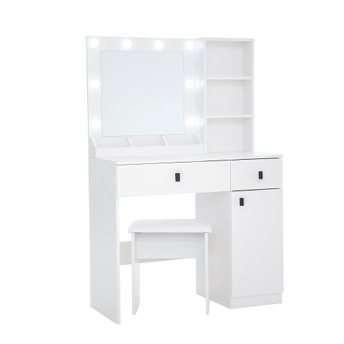 White Vanity Desk Set with Mirror, Drawers & Adjustable LED Lights