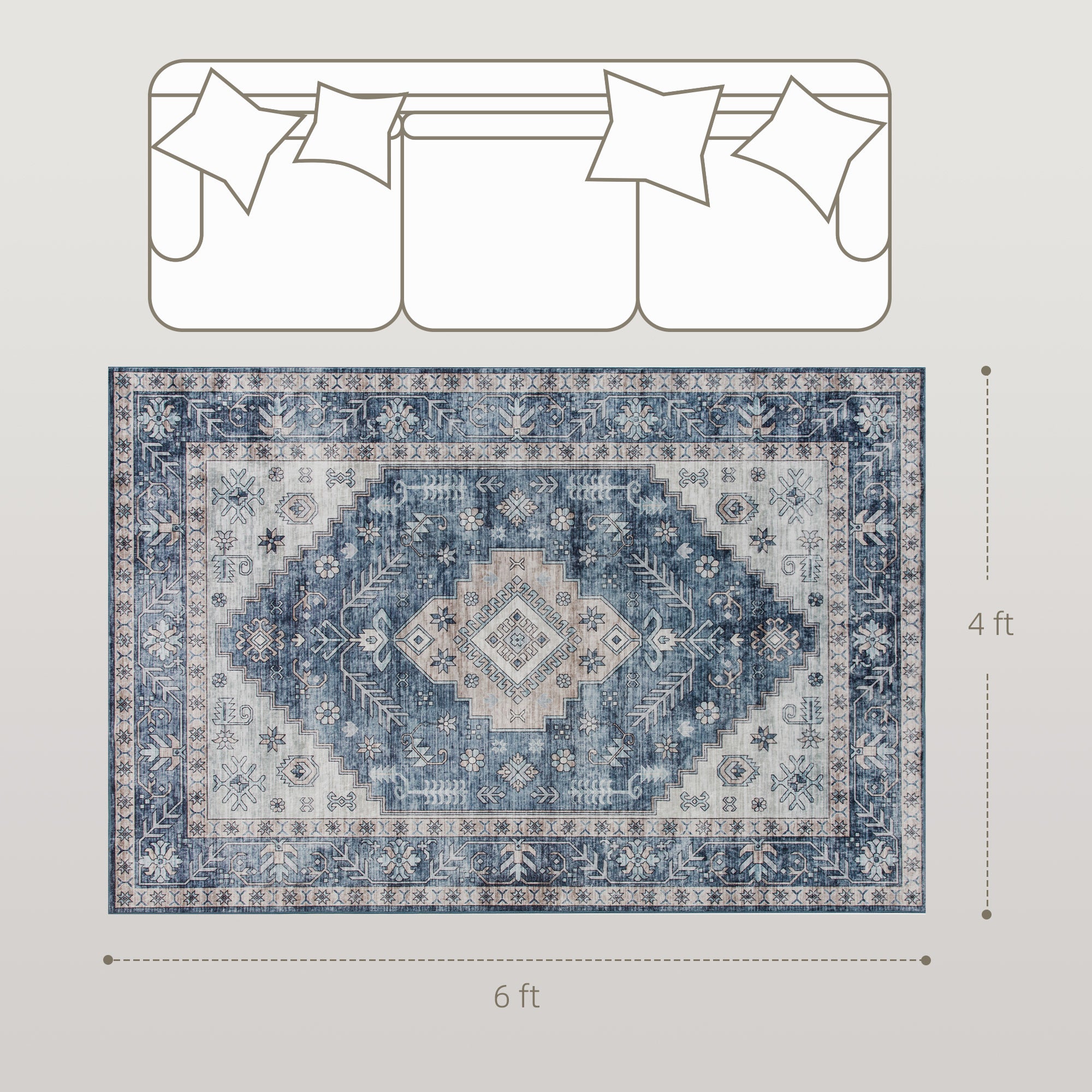 Blue 4x6 Vintage Washable Non-Slip Area Rug for Living Room & Bedroom