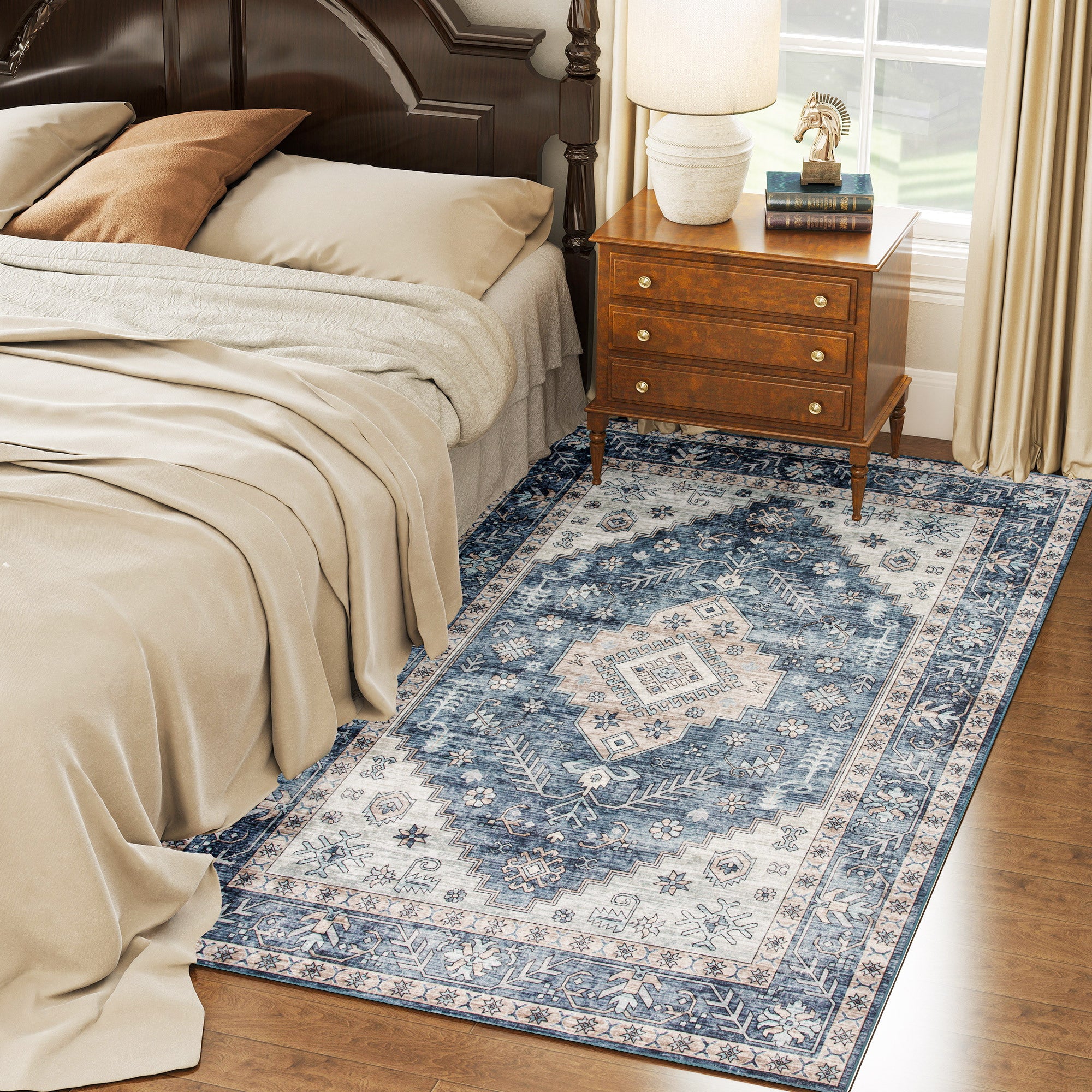Blue 4x6 Vintage Washable Non-Slip Area Rug for Living Room & Bedroom