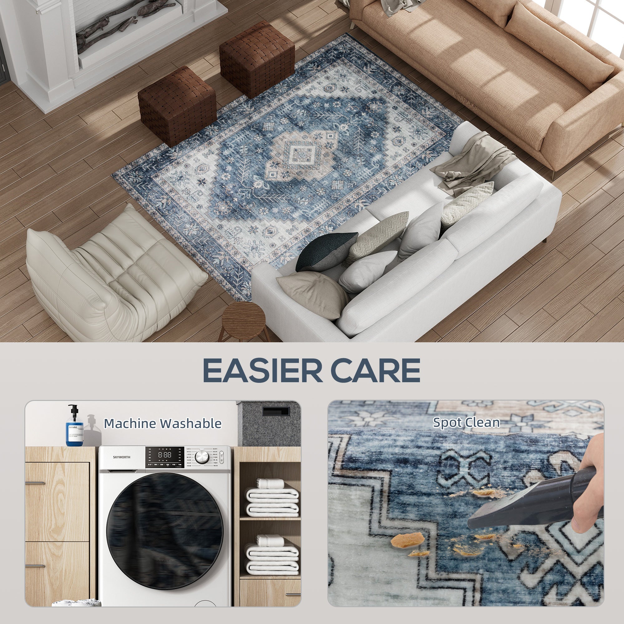 Blue 4x6 Vintage Washable Non-Slip Area Rug for Living Room & Bedroom