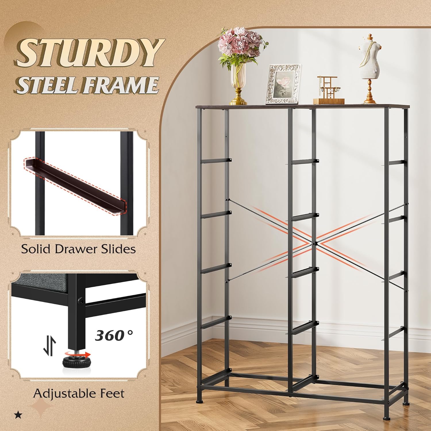 Storage Cabinet – 10-Drawer Fabric Dresser with Steel Frame