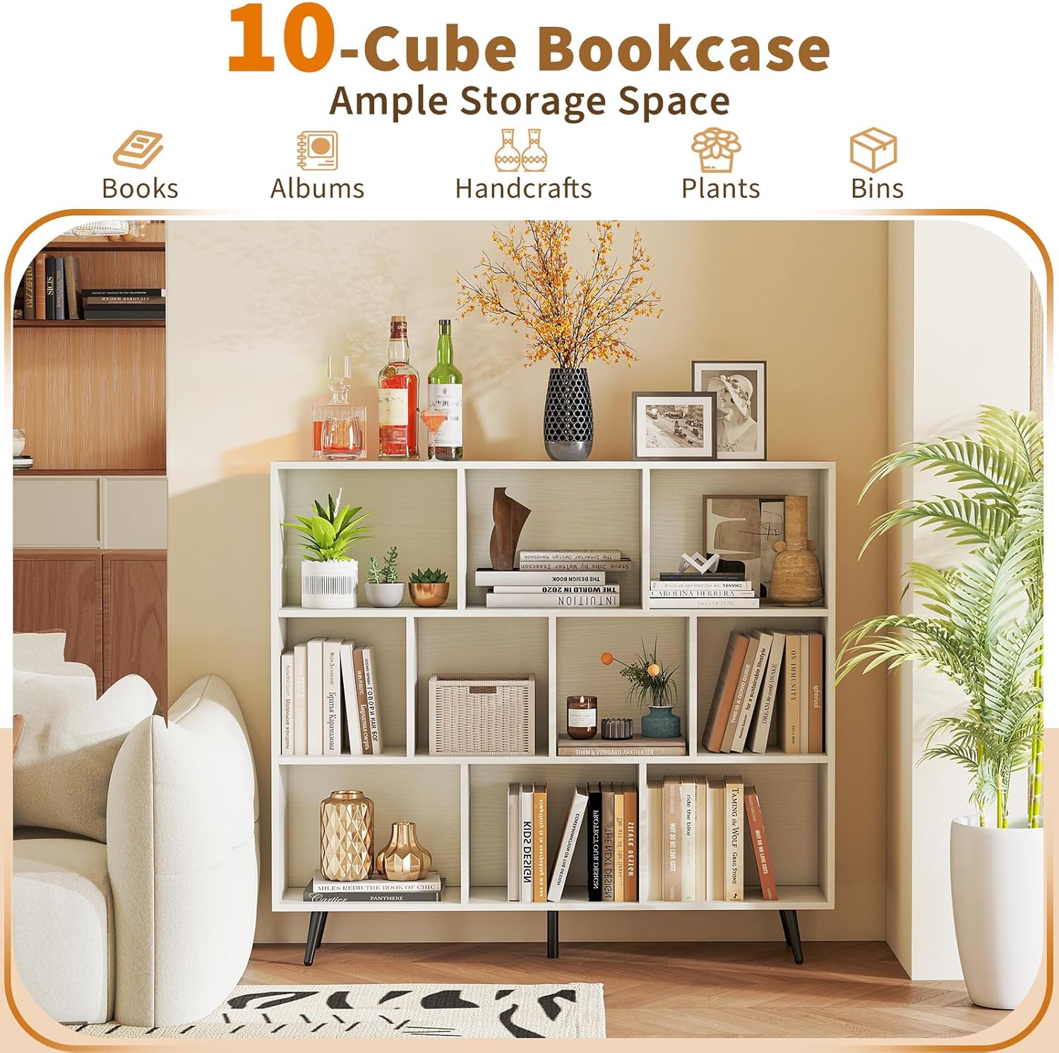 Modern 10-Cube Bookshelf – 3-Tier Storage Organizer