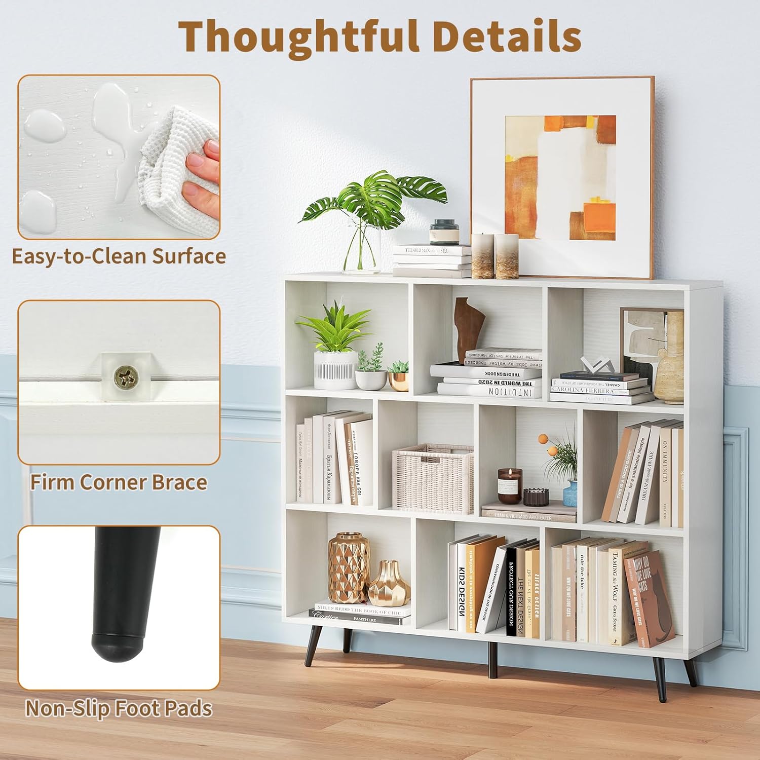 Modern 10-Cube Bookshelf – 3-Tier Storage Organizer