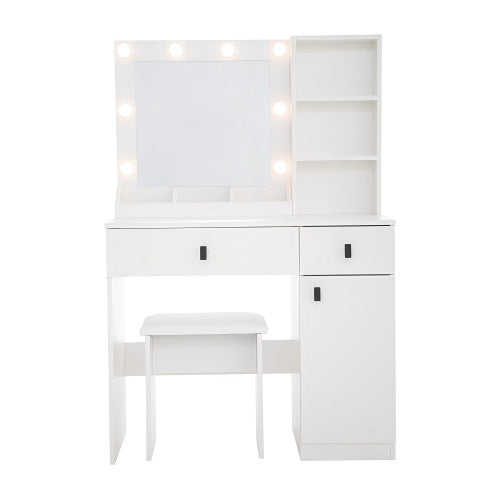 White Vanity Desk Set with Mirror, Drawers & Adjustable LED Lights