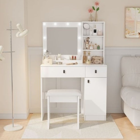 White Vanity Desk Set with Mirror, Drawers & Adjustable LED Lights