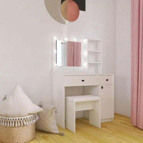 White Vanity Desk Set with Mirror, Drawers & Adjustable LED Lights