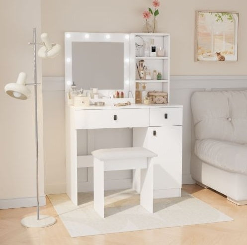 White Vanity Desk Set with Mirror, Drawers & Adjustable LED Lights